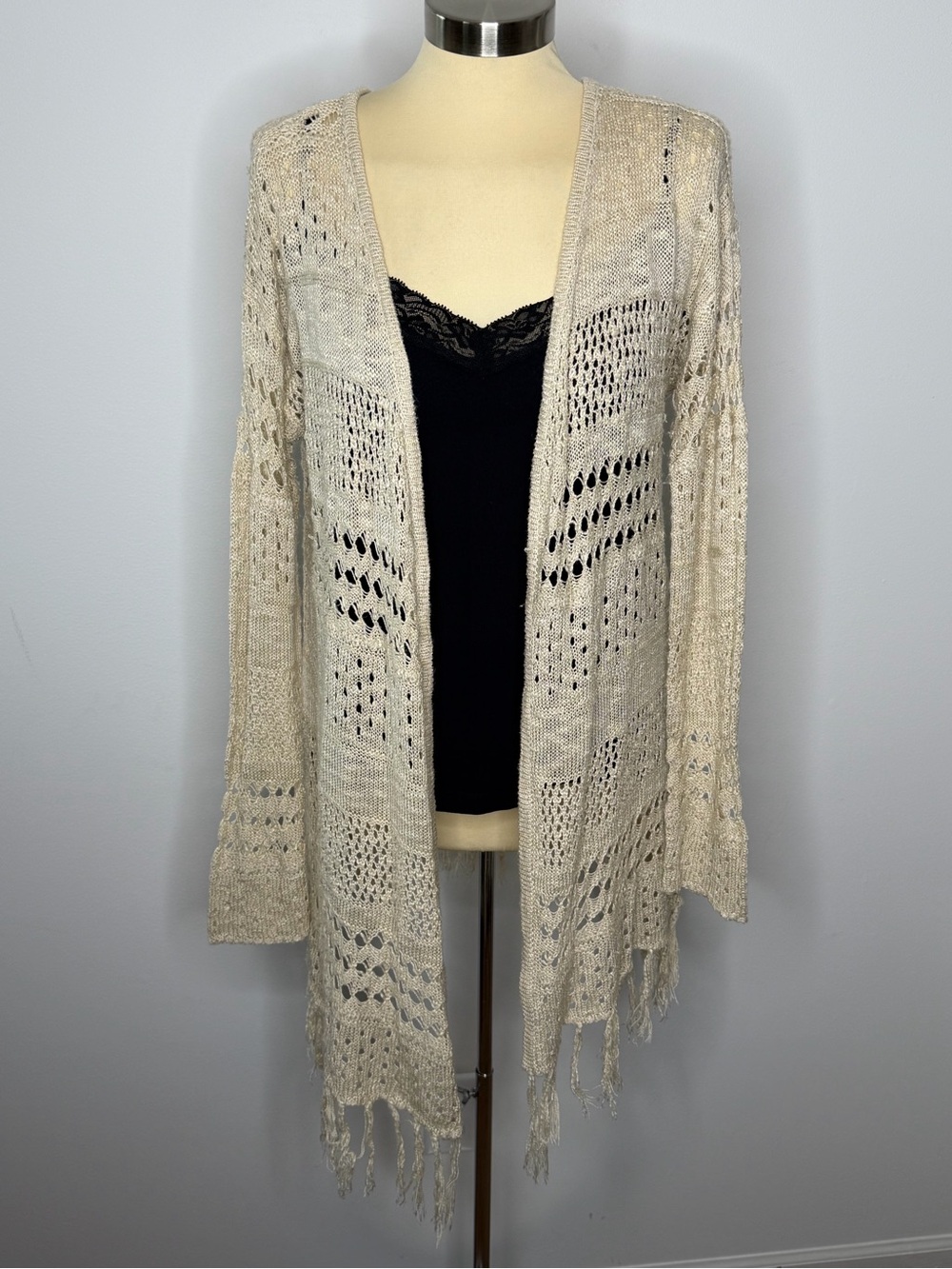 99 Jane Street Cream Crochet Open Front Fringe Cardigan